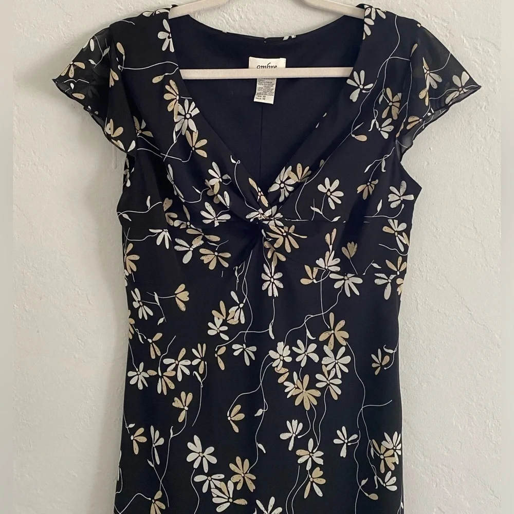 Y2K Ombré Floral Black Cap Sleeve Chiffon Lined Dress Coquette Boho Fairy Sz 10